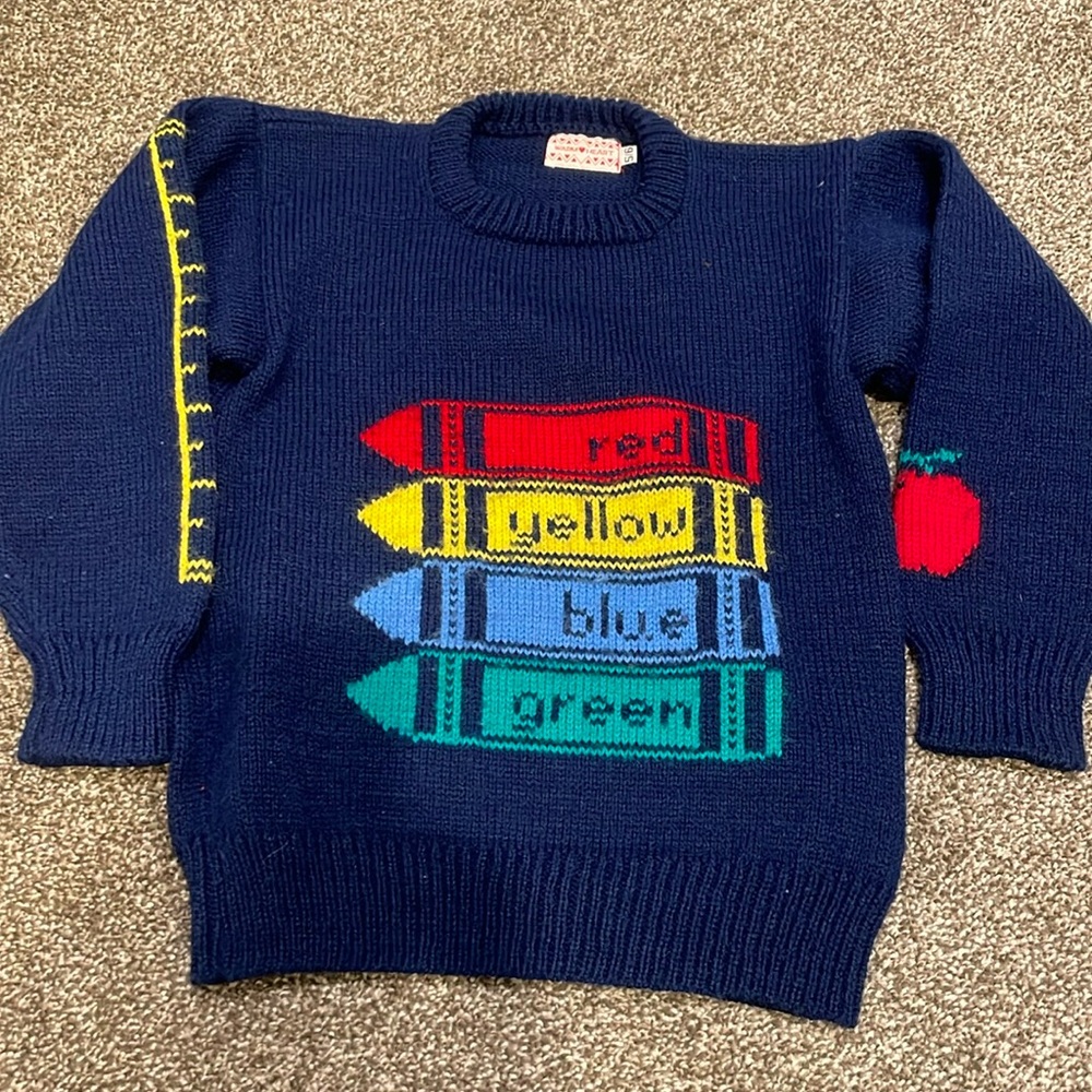 Vtg Warm Heart Kids size 5-6 Sweater school crayons hand loomed navy
